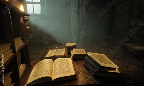 Ancient Library with Candlelight