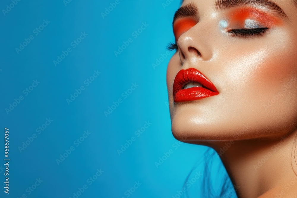 Close-up of a Woman's Face with Bold Red Lips and Orange Eye Makeup