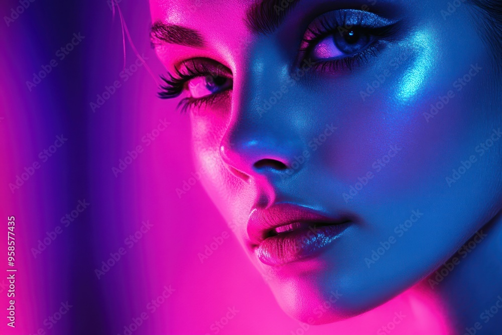 Close-up of a Woman's Face with Blue and Pink Neon Lighting Close-up of a Woman's Face with Blue and Pink Neon Lighting