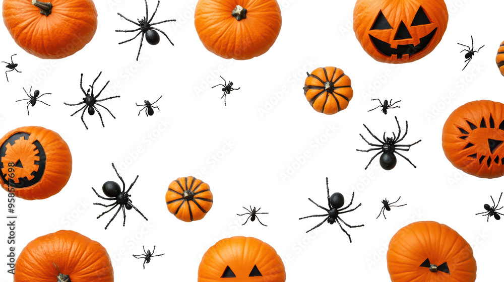 Spooktacular Halloween pumpkins and spiders on a black background, capturing the festive spirit of this creepy celebration. Spooktacular Halloween pumpkins and spiders on a black background, capturing the festive spirit of this creepy celebration.