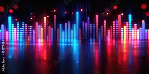 Colorful sound wave visualization with vibrant lights creating a rhythmic display in the dark