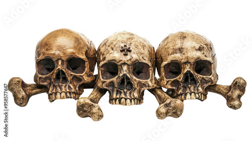 Three aged human skulls with crossbones arranged in a row, exuding an eerie silence against a stark black background.  photo