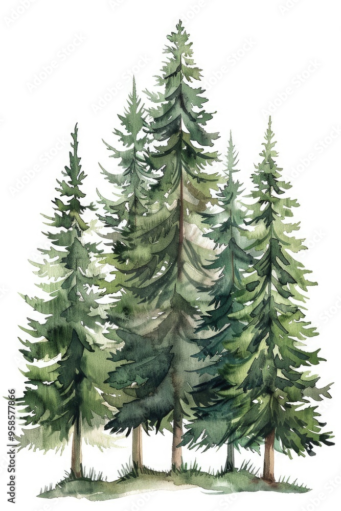 Obraz premium Watercolor Forest Landscape with Fir Trees and Pine Trees