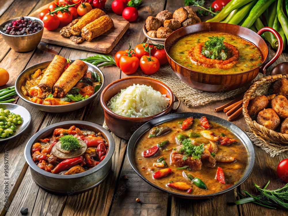 Authentic Creole Cuisine Featuring A Vibrant Array Of Traditional Dishes, Spices, And Ingredients In A Rustic Setting, Authentic Creole Cuisine Featuring A Vibrant Array Of Traditional Dishes, Spices, And Ingredients In A Rustic Setting,