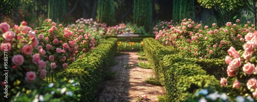 Blooming rose garden with neatly trimmed hedges, 4K hyperrealistic photo