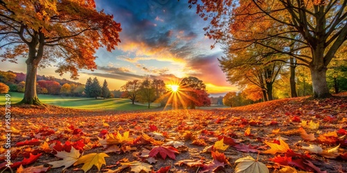 A Vibrant And Colorful Autumn Landscape With Fallen Leaves, A Glowing Sunrise, And A Sense Of Excitement For photo