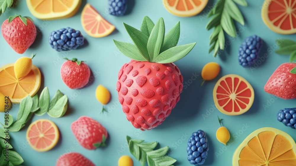 Colorful Fruits and Berries on Blue Background Colorful Fruits and Berries on Blue Background