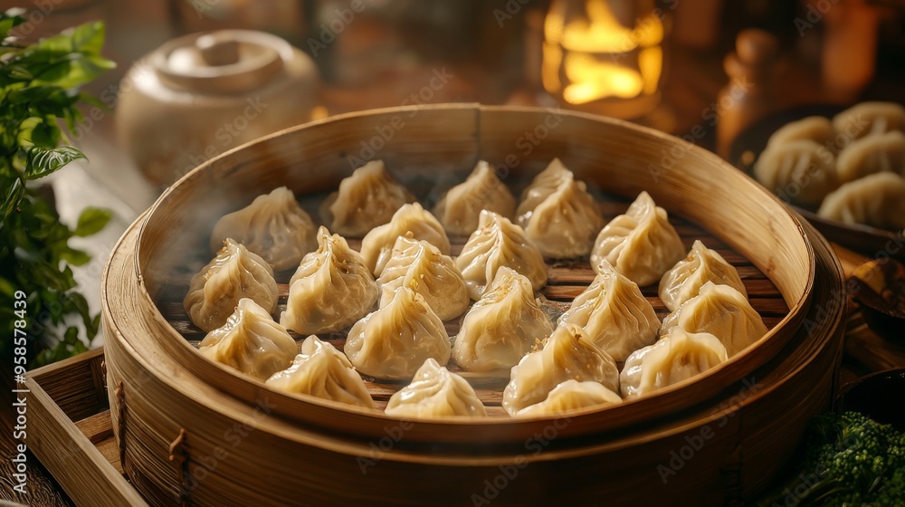 Steaming Chinese Dumplings in Bamboo Steamer Steaming Chinese Dumplings in Bamboo Steamer