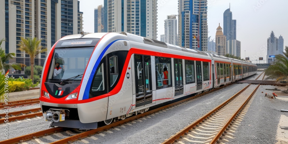 Naklejka premium Modern train on railway tracks in a bustling urban environment during daylight