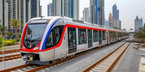 Modern train on railway tracks in a bustling urban environment during daylight