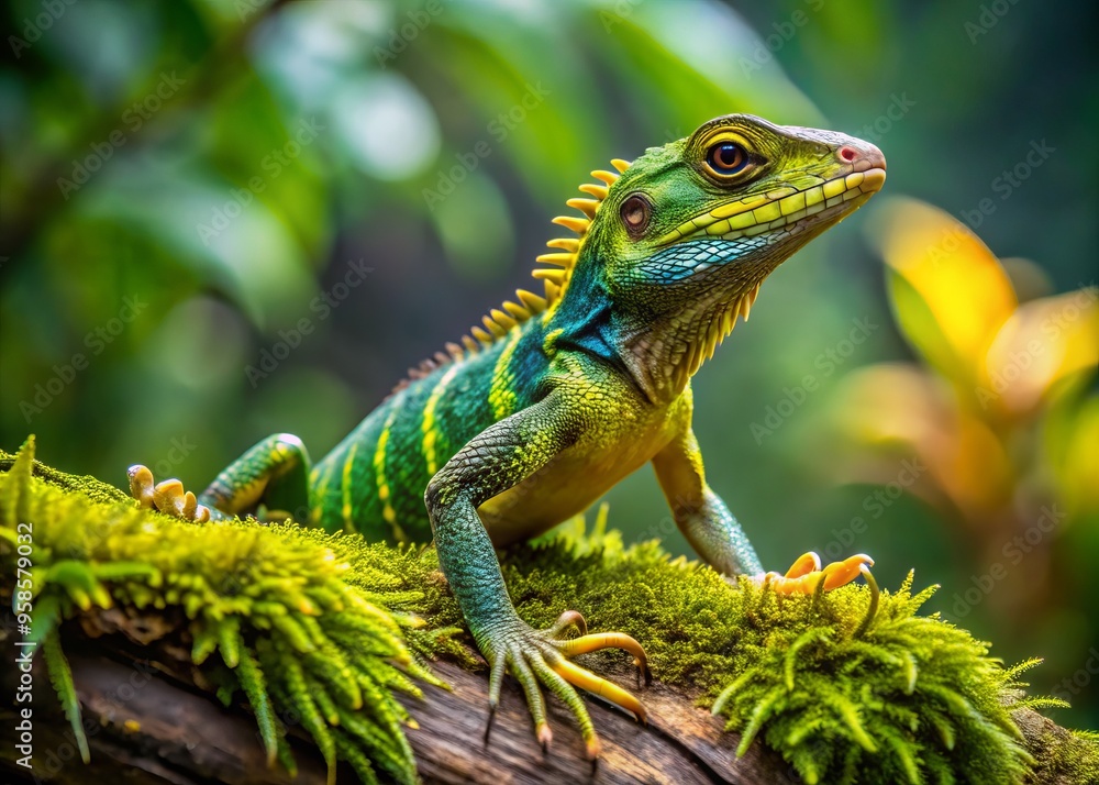 A vibrant green forest lizard with yellow stripes and spiky scales perches on a moss-covered log, surrounded by A vibrant green forest lizard with yellow stripes and spiky scales perches on a moss-covered log, surrounded by