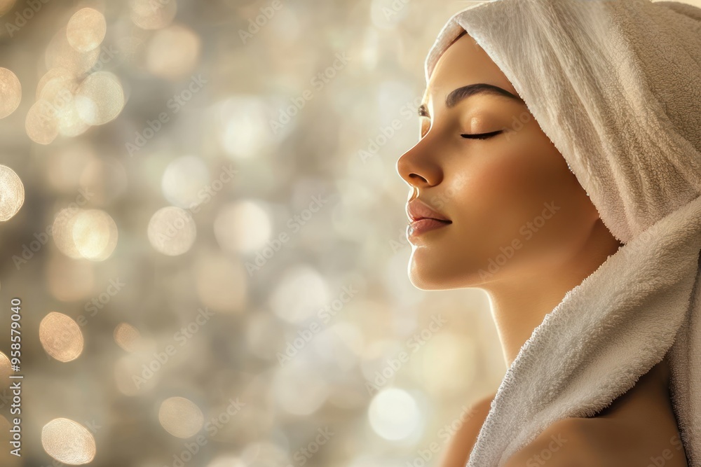 Fototapeta premium Close-up Profile of a Woman with a Towel Wrapped Around Her Head