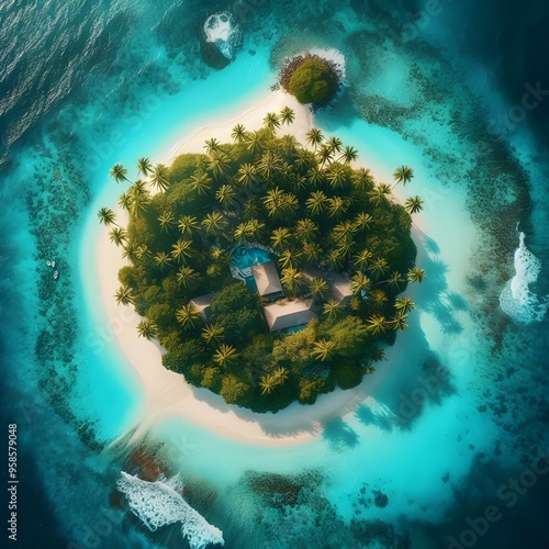 Aerial View of a Tropical Island Surrounded by Turquoise Waters