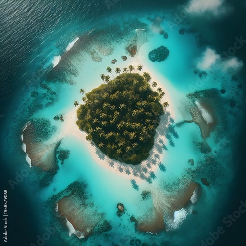 Aerial View of a Tropical Island Surrounded by Turquoise Waters