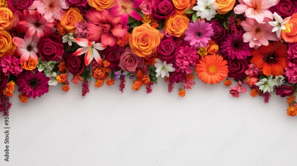 A colorful arrangement of roses, lilies, and daisies viewed from above, placed on a rough white surface, Digital Illustration, Neon accents, Bold outlines, Modern and artistic A colorful arrangement of roses, lilies, and daisies viewed from above, placed on a rough white surface, Digital Illustration, Neon accents, Bold outlines, Modern and artistic