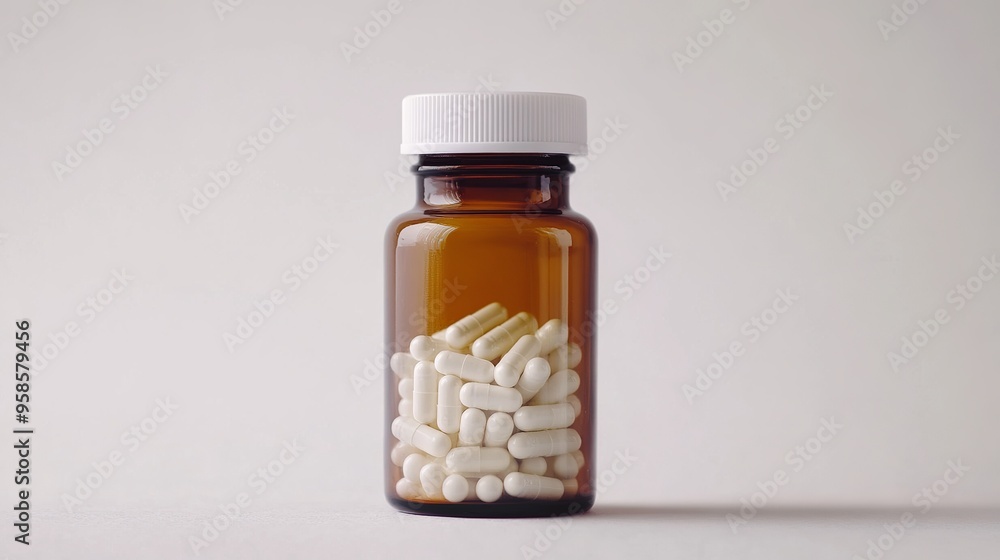 White tablets stored in an amber vial, commonly used for dietary supplements, medications, or antibiotics. The amber vial provides protection from light, preserving the effectiveness of the tablets. White tablets stored in an amber vial, commonly used for dietary supplements, medications, or antibiotics. The amber vial provides protection from light, preserving the effectiveness of the tablets.