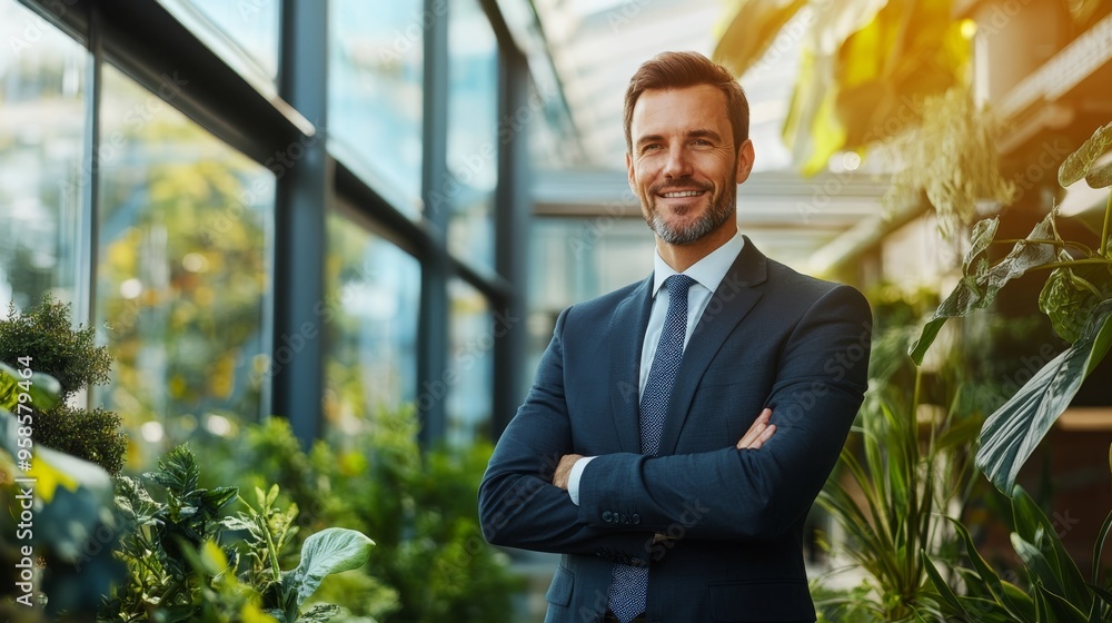 Portrait of a businessman leader advocating for environmental responsibility, with eco-friendly initiatives in business. Portrait of a businessman leader advocating for environmental responsibility, with eco-friendly initiatives in business.
