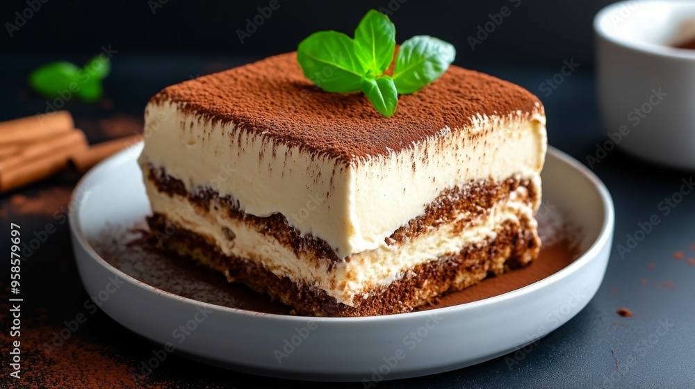 A classic tiramisu slice dusted with cocoa and garnished with mint leaves. A classic tiramisu slice dusted with cocoa and garnished with mint leaves.