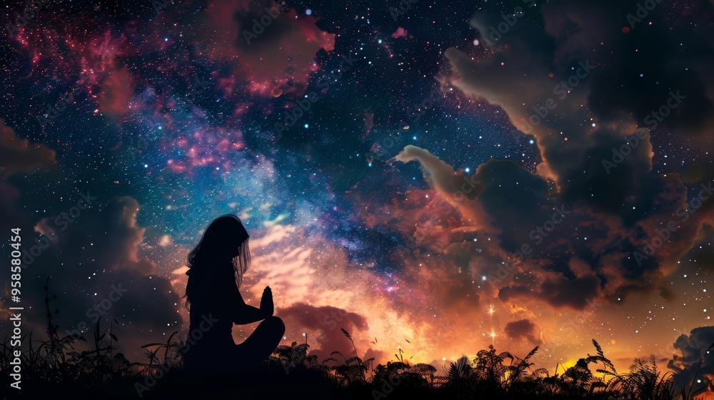 Silhouette of a woman praying amidst a sky with colorful clouds. Worship. Silhouette of a woman praying amidst a sky with colorful clouds. Worship.