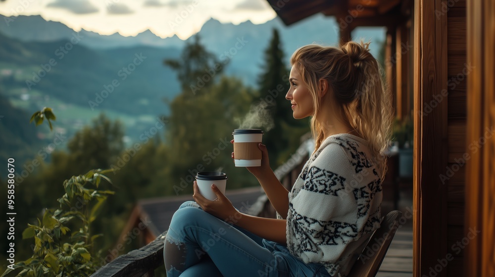 Φωτογραφία A woman enjoys a warm drink on a balcony overlooking mountains during a serene s
