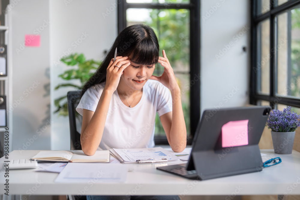 Stressed asian accountant woman having headache while working on laptop at office Stressed asian accountant woman having headache while working on laptop at office