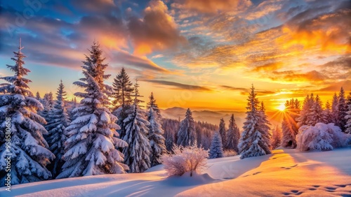 A vibrant winter sunrise breaks over snow-covered trees, casting a warm glow on a tranquil morning scene, welcoming photo