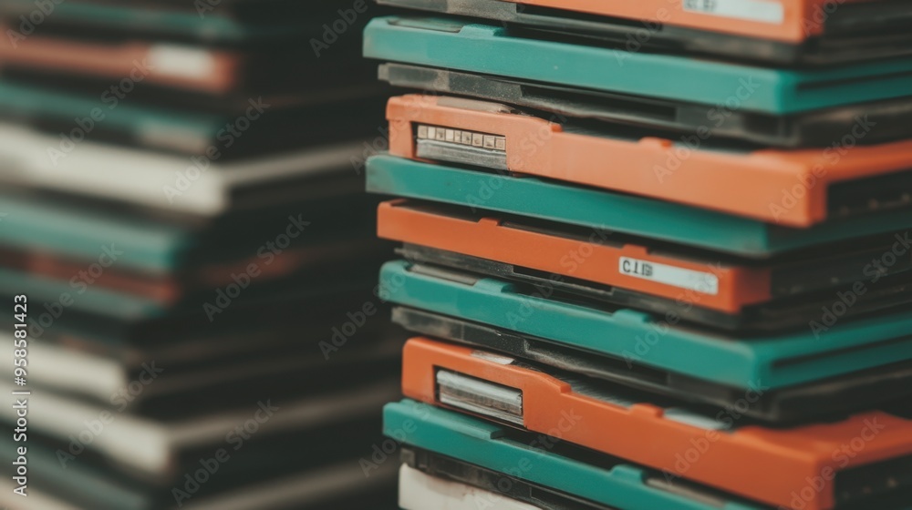 A Stack of Colorful Floppy Disks: A Nostalgic Tribute to Vintage Technology and Data Storage Solutions from the Past Era of Computing. A Stack of Colorful Floppy Disks: A Nostalgic Tribute to Vintage Technology and Data Storage Solutions from the Past Era of Computing.