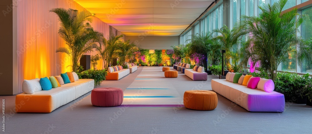 Fototapeta premium Modern Lobby Design with Colorful Furniture and Tropical Plants