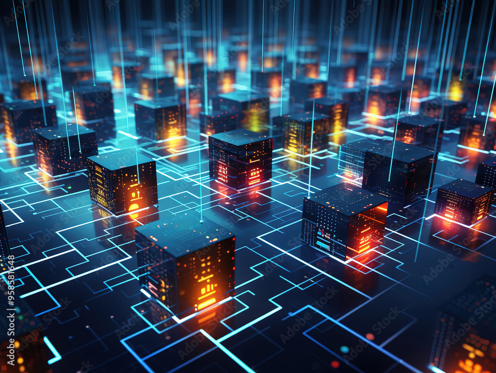 Fotografie Futuristic Digital Landscape with Glowing Cubes