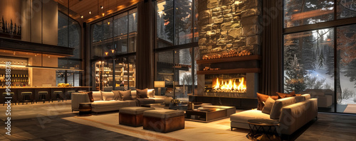 Cozy luxury living room with stone fireplace and expansive windows overlooking snowy forest in a modern mountain retreat during winter