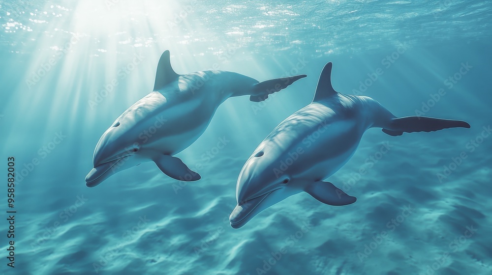 Two Dolphins Swimming Underwater With Sunbeams Two Dolphins Swimming Underwater With Sunbeams
