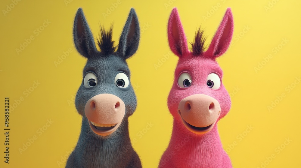 Cute Cartoon Donkeys Friendly Animal Portraits Cute Cartoon Donkeys Friendly Animal Portraits