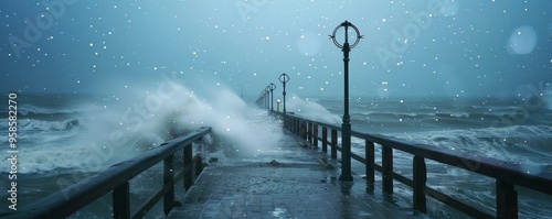 Hurricane rain and wind lashing seaside pier, 4K hyperrealistic photo photo