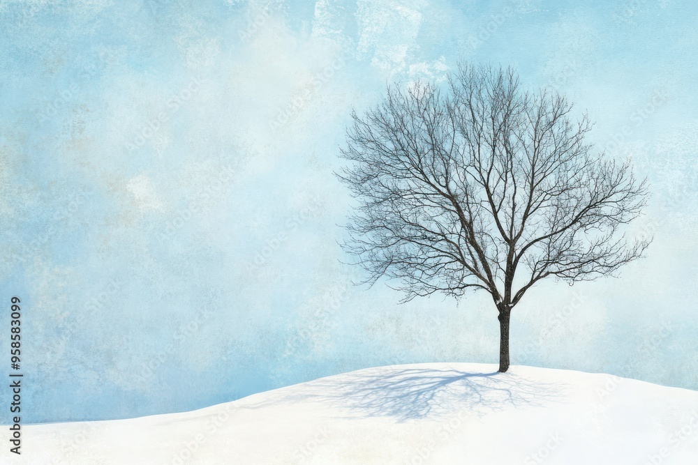 A Lone Bare Tree Standing in a Snowy Field Against a Blue Sky A Lone Bare Tree Standing in a Snowy Field Against a Blue Sky