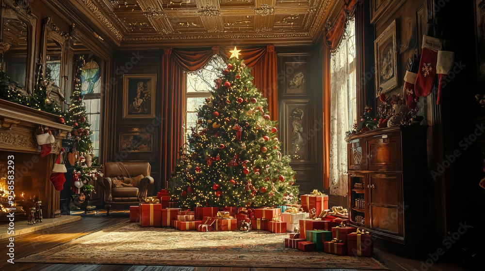 A beautifully decorated Christmas tree stands tall in an elegantly furnished room filled with colorful presents and festive decor, creating a warm holiday atmosphere in the evening light A beautifully decorated Christmas tree stands tall in an elegantly furnished room filled with colorful presents and festive decor, creating a warm holiday atmosphere in the evening light