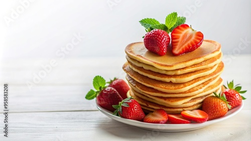 eating, pancakes with strawberries, Stack of heart shaped pancakes topped with fresh strawberries on a clean white background presenting a minimalist and appetizing breakfast option