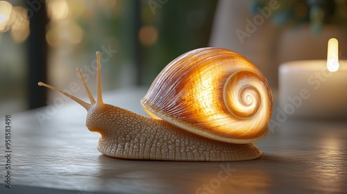 Glowing Snail Shell on Wooden Surface with Candlelight photo