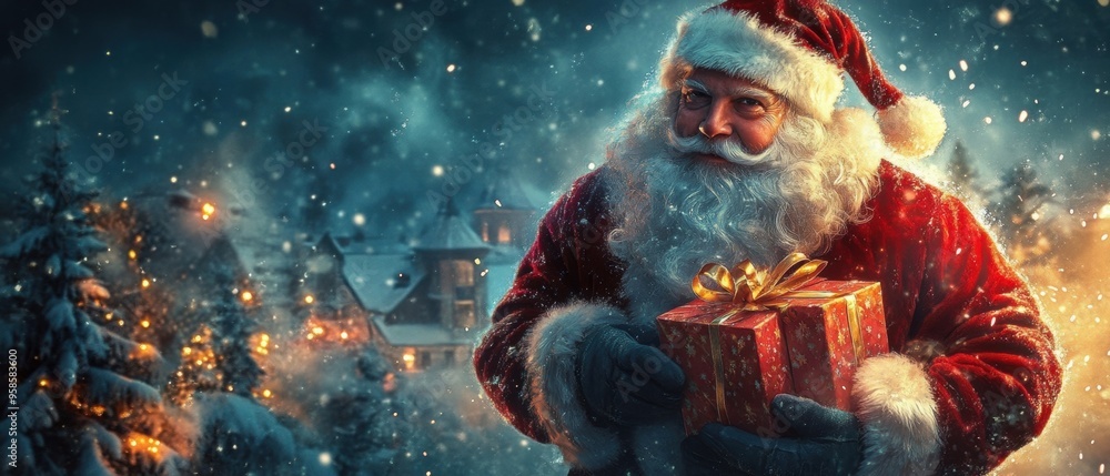 Santa Claus Holding a Christmas Gift in Snowy Winter Landscape Santa Claus Holding a Christmas Gift in Snowy Winter Landscape