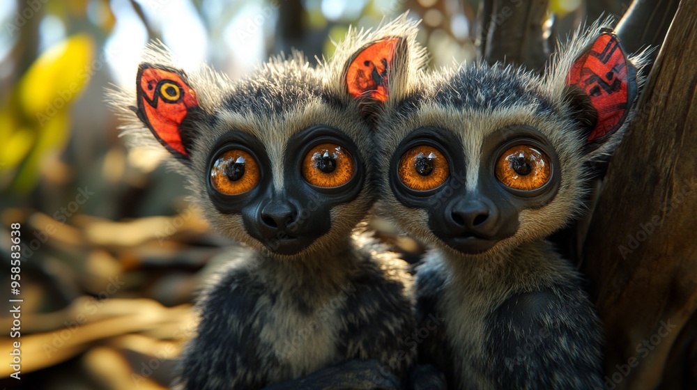 Adorable Lemur Twins with Curious Eyes Adorable Lemur Twins with Curious Eyes