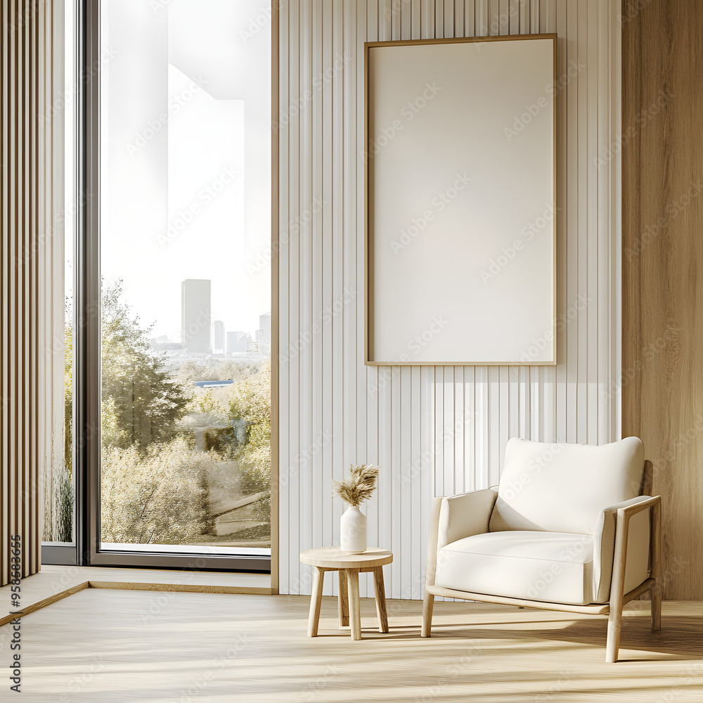 Fototapeta premium Beige home living room interior with armchair, panoramic window. Mockup frame