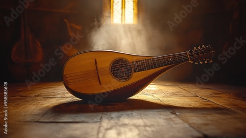 Classical lute faintly illuminated a dreamy hazy glow