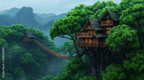 Treehouse Paradise: A mesmerizing view of two charming treehouses nestled amongst lush greenery, connected by a swaying rope bridge. The misty mountains in the background create an enchanting and secl photo