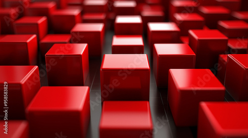 A vibrant arrangement of red cubes on a dark surface creating a striking visual pattern