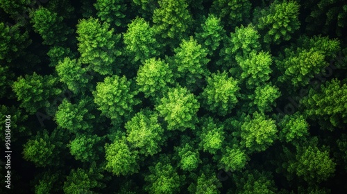 An aerial view of a dense forest canopy, showcasing a vibrant green expanse of trees.