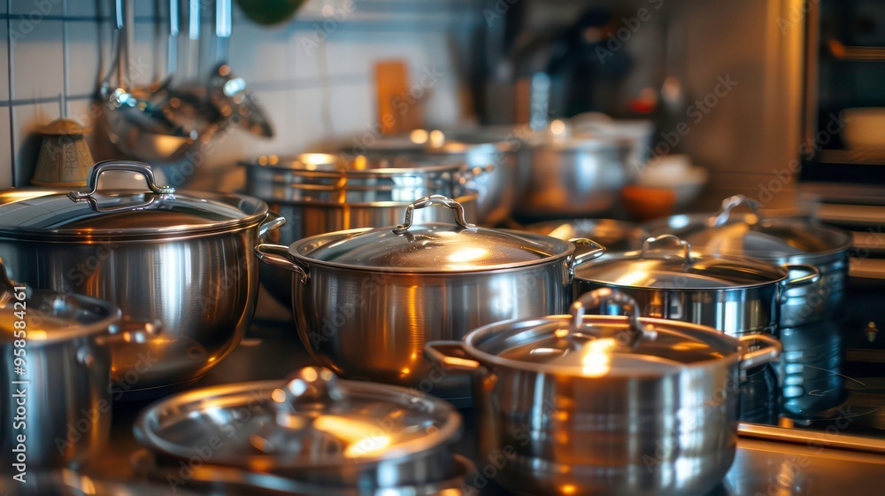 A close-up shot of stainless steel pots and pans in a kitchen with a blurred background. A close-up shot of stainless steel pots and pans in a kitchen with a blurred background.