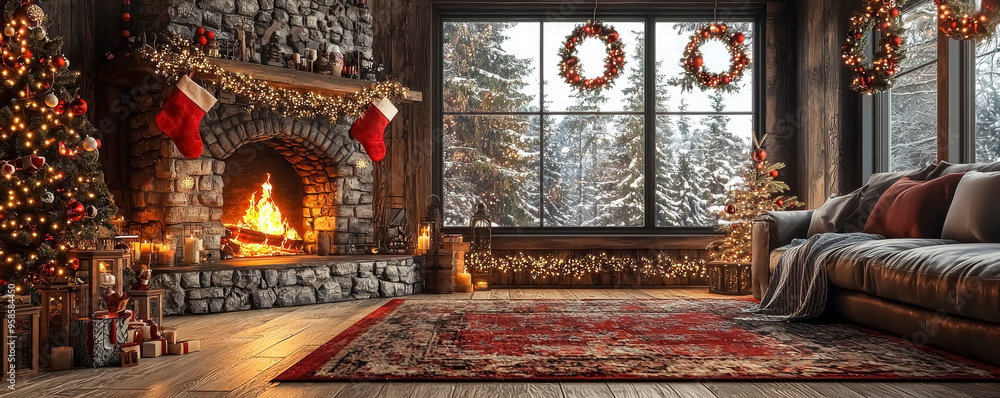 Obraz premium Cozy holiday living room adorned with festive decorations, a glowing fireplace, and a beautifully lit Christmas tree during a snowy evening