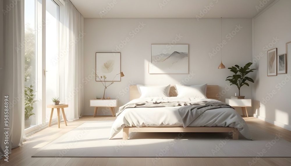 A minimalist bedroom with a large bed, wooden nightstand, and framed artwork on the wall. The room has a bright, airy feel with natural light streaming through the window. A minimalist bedroom with a large bed, wooden nightstand, and framed artwork on the wall. The room has a bright, airy feel with natural light streaming through the window.