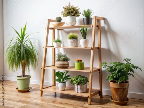 A wooden shelf stand with four tiers, adorned with potted plants, decorative vases, and books, against a white photo