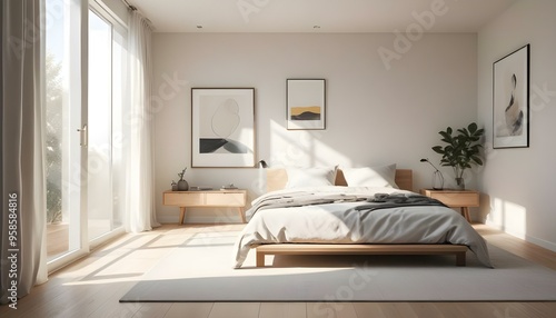 A minimalist bedroom with a large bed, wooden nightstand, and framed artwork on the wall. The room has a bright, airy feel with natural light streaming through the window.