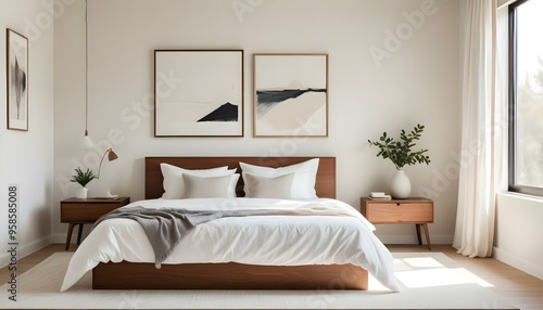 A minimalist bedroom with a large bed, wooden nightstand, and framed artwork on the wall. The room has a bright, airy feel with natural light streaming through the window.